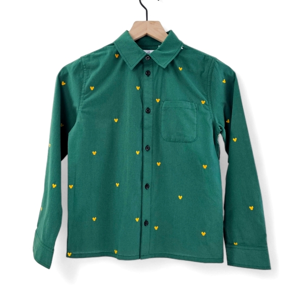 Disney Kids Green and Yellow Mickey Mouse Icon Button Front Shirt Size 11/12 NWT - Picture 1 of 7